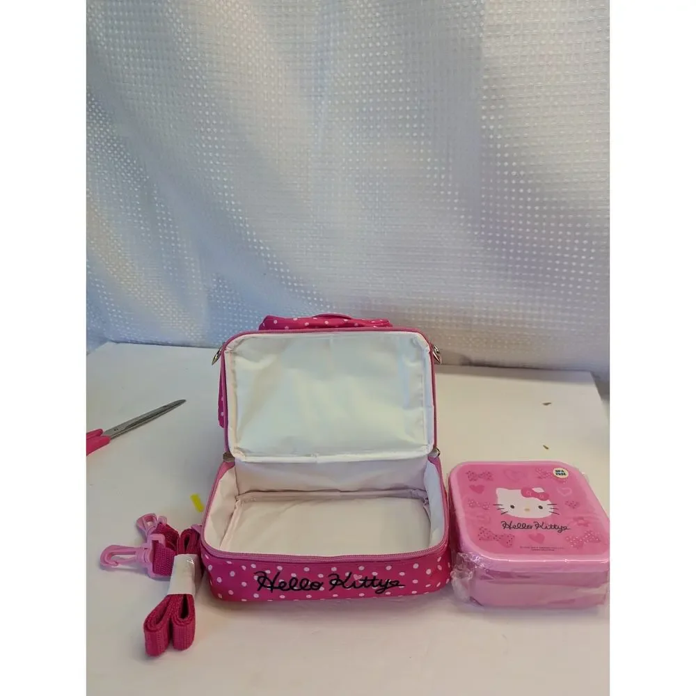 Hello Kitty Bow,Lunch Bag Cosmetic Bag Sanrio Polka Dot Cold Area Long Strap NWT